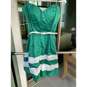 Bebe Party Dress Mini Strapless Green White Stripe Belted Size XS